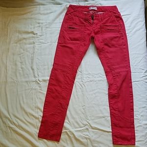 Red denim motorcycle pants